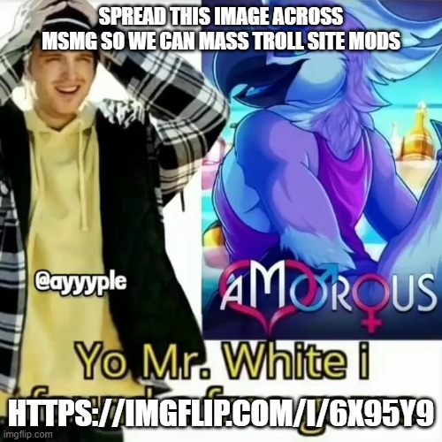 https://imgflip.com/i/6x95y9 | SPREAD THIS IMAGE ACROSS MSMG SO WE CAN MASS TROLL SITE MODS; HTTPS://IMGFLIP.COM/I/6X95Y9 | image tagged in yo mr white i found a free game | made w/ Imgflip meme maker