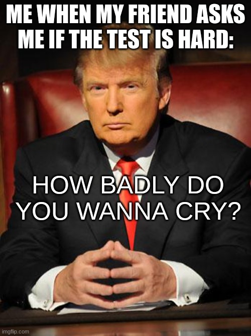 you dead dead. | ME WHEN MY FRIEND ASKS ME IF THE TEST IS HARD:; HOW BADLY DO YOU WANNA CRY? | image tagged in serious trump | made w/ Imgflip meme maker