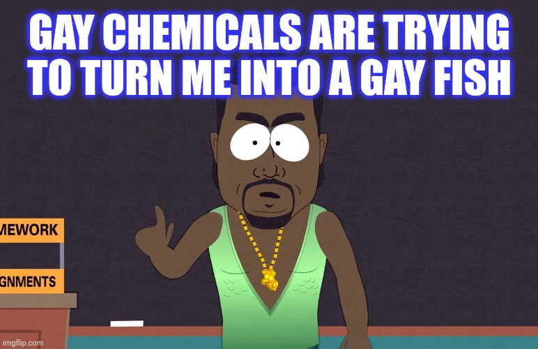 Kanye West - South Park | GAY CHEMICALS ARE TRYING TO TURN ME INTO A GAY FISH | image tagged in kanye west - south park | made w/ Imgflip meme maker