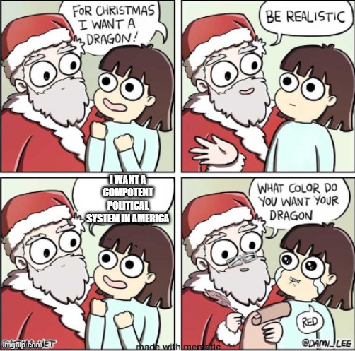 What do you want for Christmas | I WANT A COMPOTENT POLITICAL SYSTEM IN AMERICA | image tagged in what do you want for christmas | made w/ Imgflip meme maker