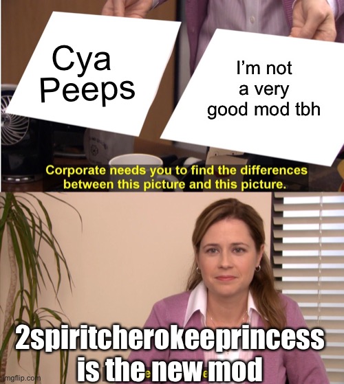 They're The Same Picture | Cya; Peeps; I’m not a very good mod tbh; 2spiritcherokeeprincess is the new mod | image tagged in memes,they're the same picture | made w/ Imgflip meme maker