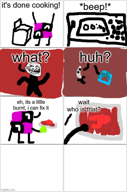it's done cooking! *beep!* what? huh? eh, its a litlle burnt, i can fix it wait who is that? | image tagged in memes,blank comic panel 2x2 | made w/ Imgflip meme maker