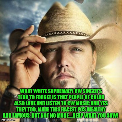 Jason aldean | WHAT WHITE SUPREMACY CW SINGER'S TEND TO FORGET IS THAT PEOPLE OF COLOR ALSO LOVE AND LISTEN TO CW MUSIC AND YES THEY TOO, MADE THIS RACIST POS WEALTHY AND FAMOUS, BUT NOT NO MORE....REAP WHAT YOU SOW! | image tagged in jason aldean | made w/ Imgflip meme maker