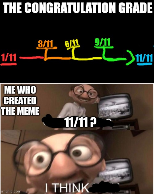 The challenge is over! | THE CONGRATULATION GRADE; 9/11; 3/11; 6/11; 1/11; 11/11; ME WHO CREATED THE MEME; 11/11 ? | image tagged in coincidence i think not | made w/ Imgflip meme maker