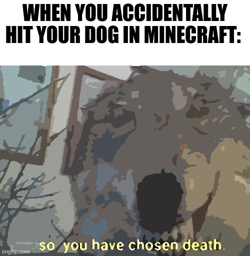 so you have chosen death | WHEN YOU ACCIDENTALLY HIT YOUR DOG IN MINECRAFT: | image tagged in so you have chosen death | made w/ Imgflip meme maker