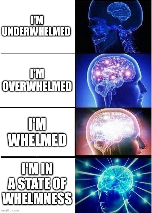 Why isn't anyone just whelmed? | I'M UNDERWHELMED; I'M OVERWHELMED; I'M WHELMED; I'M IN A STATE OF WHELMNESS | image tagged in memes,expanding brain | made w/ Imgflip meme maker