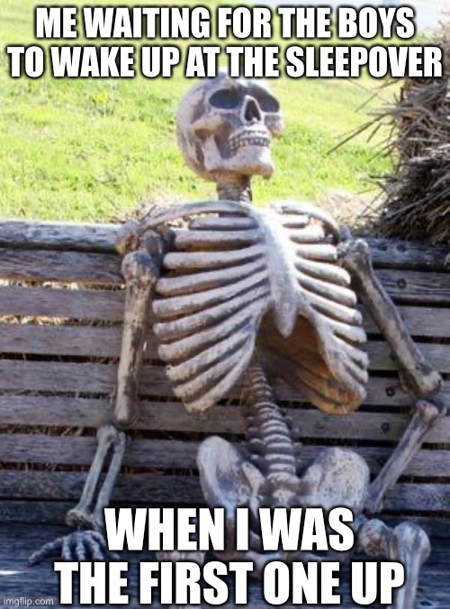 This doesn’t happen much cause I’m lazy and i sleep in a lot | ME WAITING FOR THE BOYS TO WAKE UP AT THE SLEEPOVER; WHEN I WAS THE FIRST ONE UP | image tagged in memes,waiting skeleton,me and the boys | made w/ Imgflip meme maker