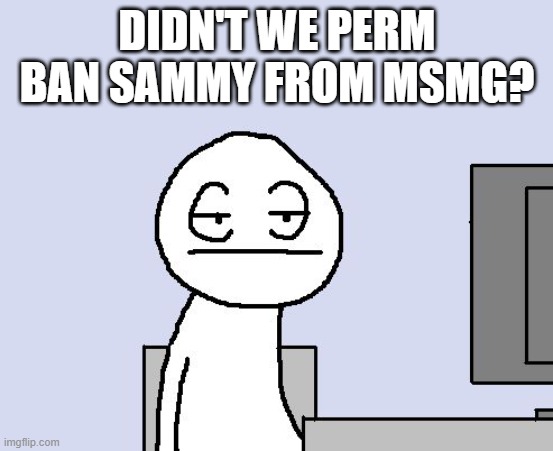 I'm pretty sure we did | DIDN'T WE PERM BAN SAMMY FROM MSMG? | image tagged in bored of this crap | made w/ Imgflip meme maker