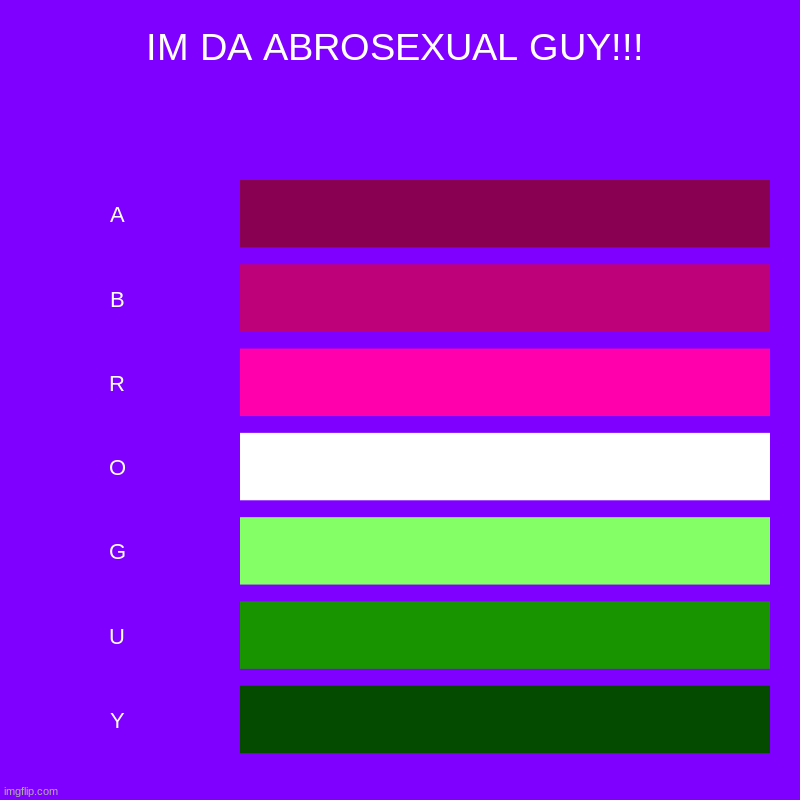 IM DA ABRO GUY! | IM DA ABROSEXUAL GUY!!! | A, B, R, O, G, U, Y | image tagged in charts,bar charts,lgbtq | made w/ Imgflip chart maker