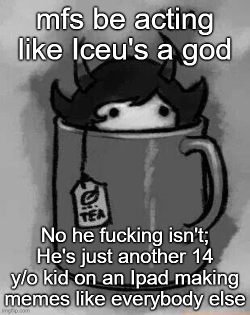 Kanaya in my tea | mfs be acting like Iceu's a god; No he fucking isn't; He's just another 14 y/o kid on an Ipad making memes like everybody else | image tagged in kanaya in my tea | made w/ Imgflip meme maker