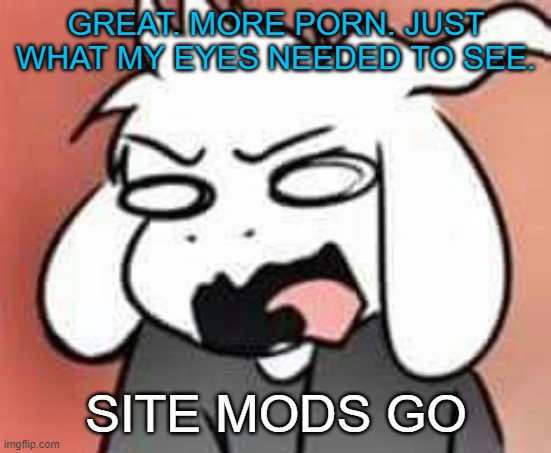 Asriel scream | GREAT. MORE PORN. JUST WHAT MY EYES NEEDED TO SEE. SITE MODS GO | image tagged in asriel scream | made w/ Imgflip meme maker