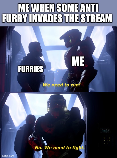 True | ME WHEN SOME ANTI FURRY INVADES THE STREAM; ME; FURRIES | image tagged in we need to fight,anti furry,furries,memes,halo infinite | made w/ Imgflip meme maker
