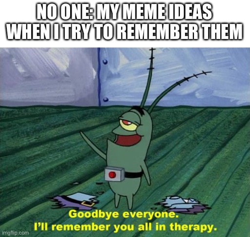 Goodbye everyone, I'll remember you all in therapy | NO ONE: MY MEME IDEAS WHEN I TRY TO REMEMBER THEM | image tagged in goodbye everyone i'll remember you all in therapy,memes | made w/ Imgflip meme maker