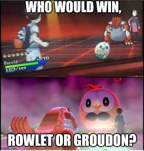 Rowlett vs Groudon | WHO WOULD WIN, ROWLET OR GROUDON? | image tagged in rowlett vs groudon | made w/ Imgflip meme maker