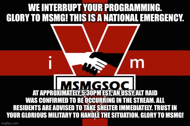 MSMGSOC flag | WE INTERRUPT YOUR PROGRAMMING. GLORY TO MSMG! THIS IS A NATIONAL EMERGENCY. AT APPROXIMATELY 5:30PM EST, AN USSY ALT RAID WAS CONFIRMED TO BE OCCURRING IN THE STREAM. ALL RESIDENTS ARE ADVISED TO TAKE SHELTER IMMEDIATELY. TRUST IN YOUR GLORIOUS MILITARY TO HANDLE THE SITUATION. GLORY TO MSMG! | image tagged in msmgsoc flag | made w/ Imgflip meme maker