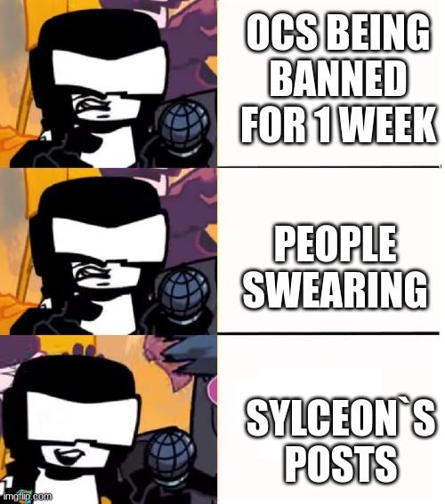 ... | OCS BEING BANNED FOR 1 WEEK; PEOPLE SWEARING; SYLCEON`S POSTS | image tagged in tankman ugh | made w/ Imgflip meme maker