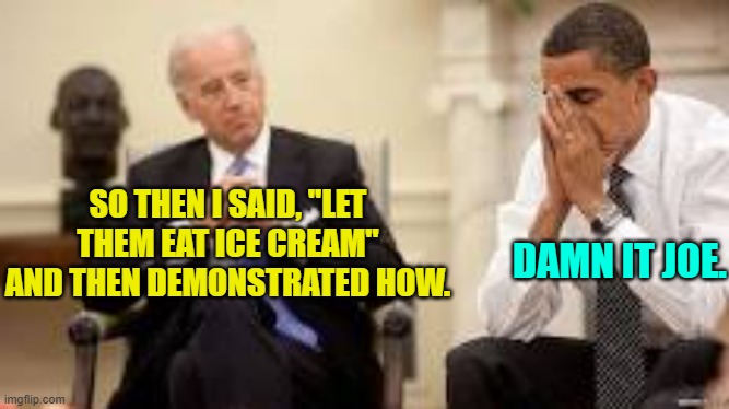 Gotta admit that Slow Joe Biden is accidentally funny as hell. | SO THEN I SAID, "LET THEM EAT ICE CREAM" AND THEN DEMONSTRATED HOW. DAMN IT JOE. | image tagged in obama and biden | made w/ Imgflip meme maker