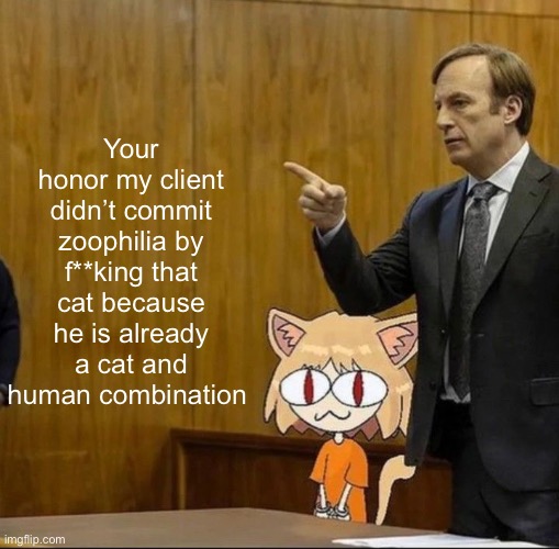 Saul goodman defending neco arc In court | Your honor my client didn’t commit zoophilia by f**king that cat because he is already a cat and human combination | image tagged in saul goodman defending neco arc in court | made w/ Imgflip meme maker