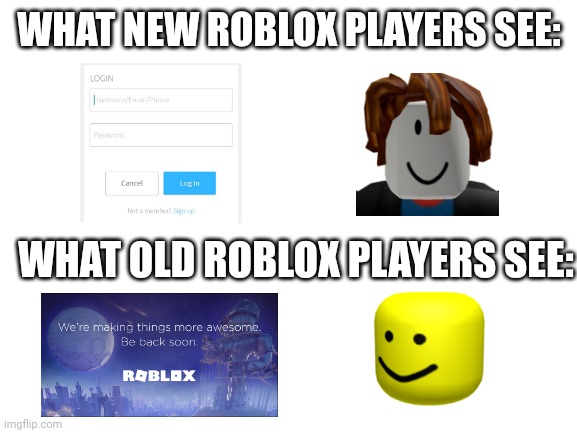 Roblox in 2022 | WHAT NEW ROBLOX PLAYERS SEE:; WHAT OLD ROBLOX PLAYERS SEE: | image tagged in blank white template,roblox meme,roblox,memes,games | made w/ Imgflip meme maker