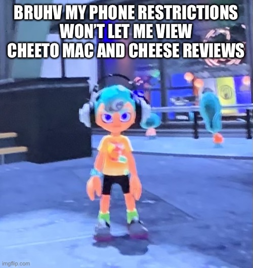 Jk the octoling | BRUHV MY PHONE RESTRICTIONS WON’T LET ME VIEW CHEETO MAC AND CHEESE REVIEWS | image tagged in jk the octoling | made w/ Imgflip meme maker