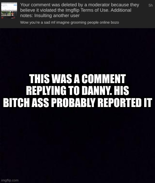 bruh | THIS WAS A COMMENT REPLYING TO DANNY. HIS BITCH ASS PROBABLY REPORTED IT | image tagged in black screen,bruh | made w/ Imgflip meme maker