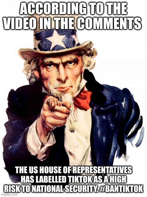 and thats a fact. | ACCORDING TO THE VIDEO IN THE COMMENTS; THE US HOUSE OF REPRESENTATIVES HAS LABELLED TIKTOK AS A HIGH RISK TO NATIONAL SECURITY. #BANTIKTOK | image tagged in memes,uncle sam | made w/ Imgflip meme maker