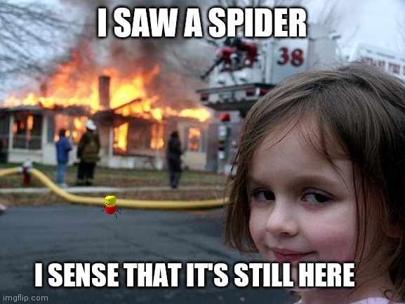 Disaster Girl | I SAW A SPIDER; I SENSE THAT IT'S STILL HERE | image tagged in memes,disaster girl | made w/ Imgflip meme maker