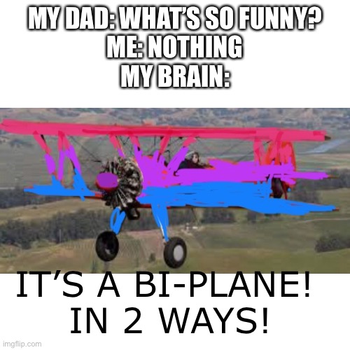 Biplane vs Bi-plane | MY DAD: WHAT’S SO FUNNY?
ME: NOTHING
MY BRAIN:; IT’S A BI-PLANE! 
IN 2 WAYS! | image tagged in blank | made w/ Imgflip meme maker
