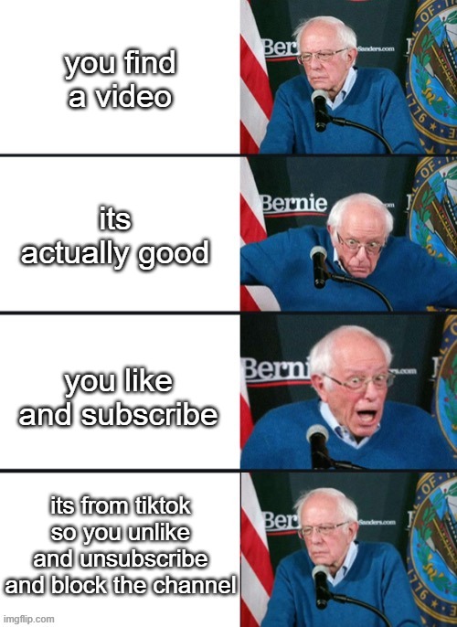 the last part is funi | you find a video; its actually good; you like and subscribe; its from tiktok so you unlike and unsubscribe and block the channel | image tagged in bernie sander reaction change,tiktok,tiktok sucks | made w/ Imgflip meme maker