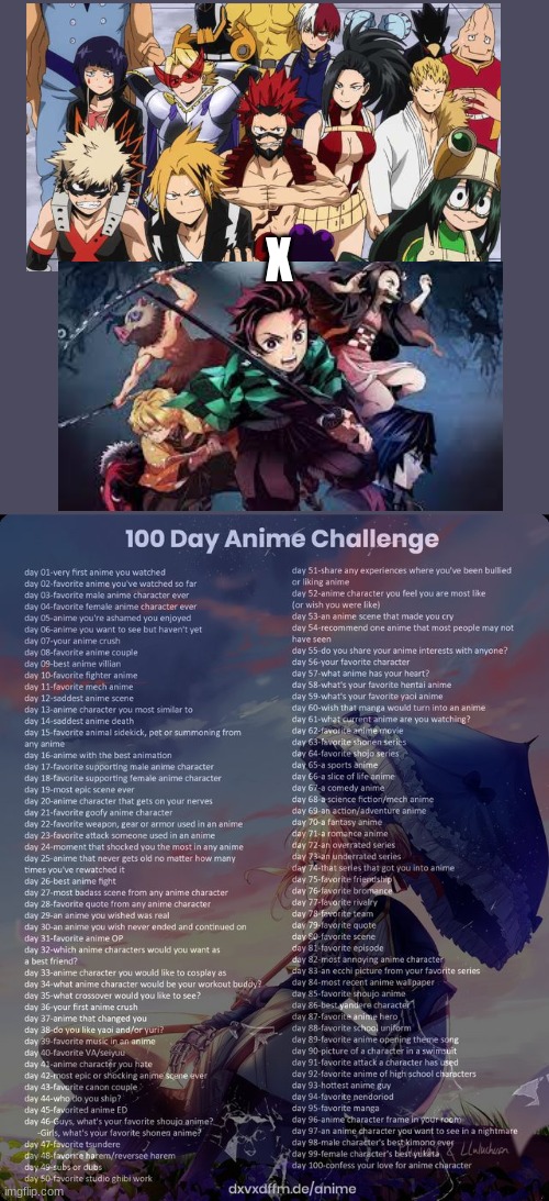 Day 35 | X | image tagged in 100 day anime challenge,mha,x,demon slayer,crossover | made w/ Imgflip meme maker