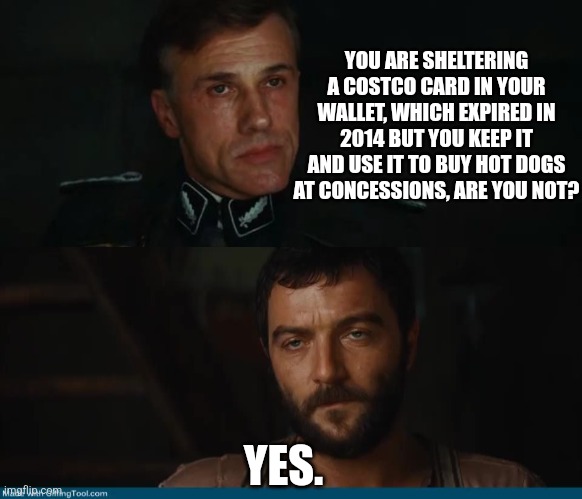 Sheltering | YOU ARE SHELTERING A COSTCO CARD IN YOUR WALLET, WHICH EXPIRED IN 2014 BUT YOU KEEP IT AND USE IT TO BUY HOT DOGS AT CONCESSIONS, ARE YOU NOT? YES. | image tagged in funny | made w/ Imgflip meme maker