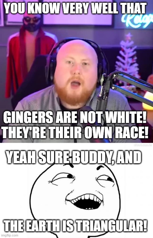 YOU KNOW VERY WELL THAT; GINGERS ARE NOT WHITE! THEY'RE THEIR OWN RACE! YEAH SURE BUDDY, AND; THE EARTH IS TRIANGULAR! | image tagged in coppercab,yeah sure | made w/ Imgflip meme maker