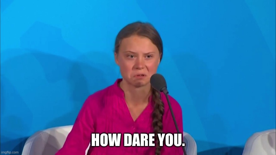 "How dare you?" - Greta Thunberg | HOW DARE YOU. | image tagged in how dare you - greta thunberg | made w/ Imgflip meme maker