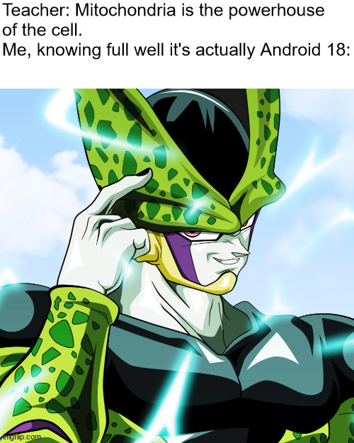 Perfect Cell we smart | Teacher: Mitochondria is the powerhouse
of the cell.

Me, knowing full well it's actually Android 18: | image tagged in perfect cell we smart,dragonball z,dragon ball z,dragonball,cell,teacher | made w/ Imgflip meme maker