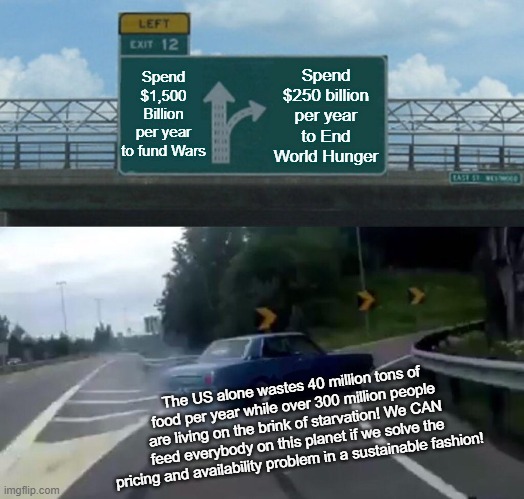 Food Politics | Spend $250 billion per year to End World Hunger; Spend $1,500 Billion per year to fund Wars; The US alone wastes 40 million tons of food per year while over 300 million people are living on the brink of starvation! We CAN feed everybody on this planet if we solve the pricing and availability problem in a sustainable fashion! | image tagged in memes,left exit 12 off ramp | made w/ Imgflip meme maker