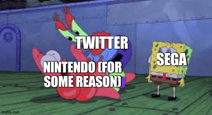 Nintendo funded Bayo, but Sega owns it and has final say. What did Nintendo do? | TWITTER; SEGA; NINTENDO (FOR SOME REASON) | image tagged in mr krabs choking patrick,nintendo,controversial | made w/ Imgflip meme maker