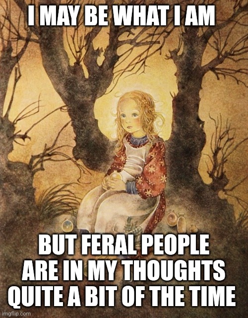 Feral People Thoughts | I MAY BE WHAT I AM; BUT FERAL PEOPLE ARE IN MY THOUGHTS QUITE A BIT OF THE TIME | image tagged in prayers,purpose,understanding,wild,souls,misunderstanding | made w/ Imgflip meme maker