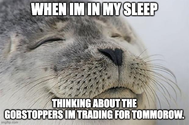 Satisfied Seal Meme | WHEN IM IN MY SLEEP; THINKING ABOUT THE GOBSTOPPERS IM TRADING FOR TOMMOROW. | image tagged in memes,satisfied seal | made w/ Imgflip meme maker