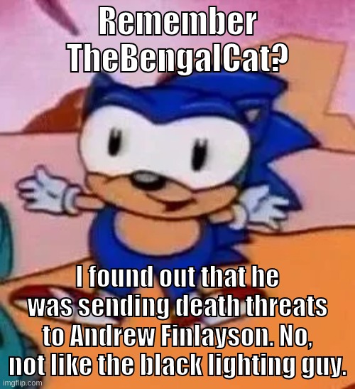 and not the teen titans go | Remember TheBengalCat? I found out that he was sending death threats to Andrew Finlayson. No, not like the black lighting guy. | image tagged in memes,ynnuf,baby sonic,andrewfinlayson,thebengalcat,bruh | made w/ Imgflip meme maker