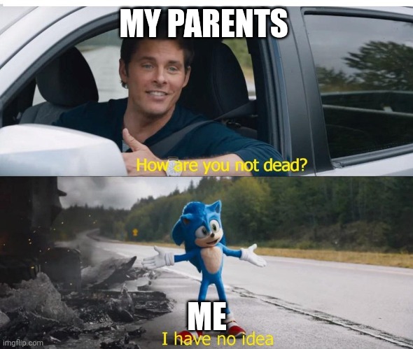 sonic how are you not dead | MY PARENTS; ME | image tagged in sonic how are you not dead | made w/ Imgflip meme maker