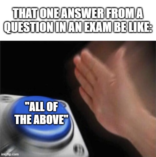 School meme | THAT ONE ANSWER FROM A QUESTION IN AN EXAM BE LIKE:; "ALL OF THE ABOVE" | image tagged in school,school memes,school meme,exams | made w/ Imgflip meme maker