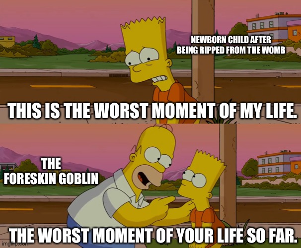 NEWBORN CHILD AFTER BEING RIPPED FROM THE WOMB; THIS IS THE WORST MOMENT OF MY LIFE. THE FORESKIN GOBLIN; THE WORST MOMENT OF YOUR LIFE SO FAR. | image tagged in the simpsons,circumcision,baby,goblin | made w/ Imgflip meme maker