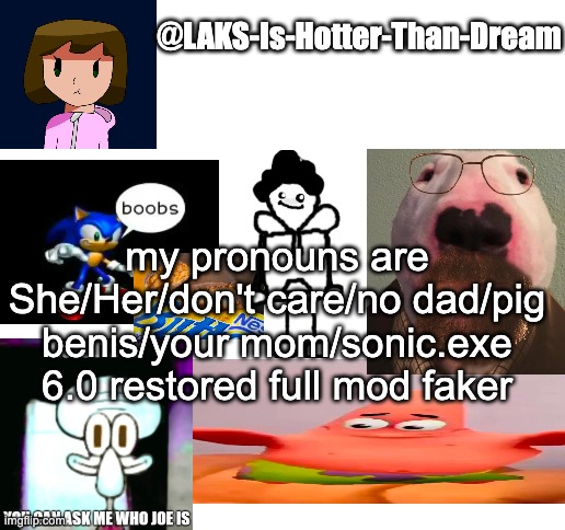 a template | my pronouns are She/Her/don't care/no dad/pig benis/your mom/sonic.exe 6.0 restored full mod faker | image tagged in a template | made w/ Imgflip meme maker