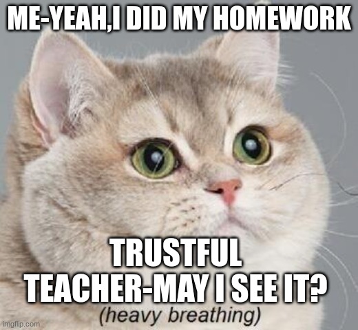 Heavy Breathing Cat Meme | ME-YEAH,I DID MY HOMEWORK; TRUSTFUL TEACHER-MAY I SEE IT? | image tagged in memes,heavy breathing cat | made w/ Imgflip meme maker