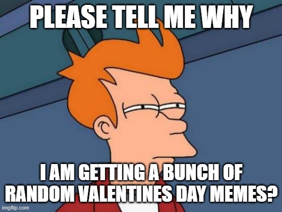 Why? | PLEASE TELL ME WHY; I AM GETTING A BUNCH OF RANDOM VALENTINES DAY MEMES? | image tagged in memes,futurama fry | made w/ Imgflip meme maker