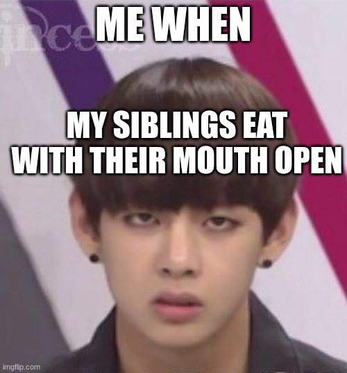 BTS V | ME WHEN; MY SIBLINGS EAT WITH THEIR MOUTH OPEN | image tagged in bts v | made w/ Imgflip meme maker