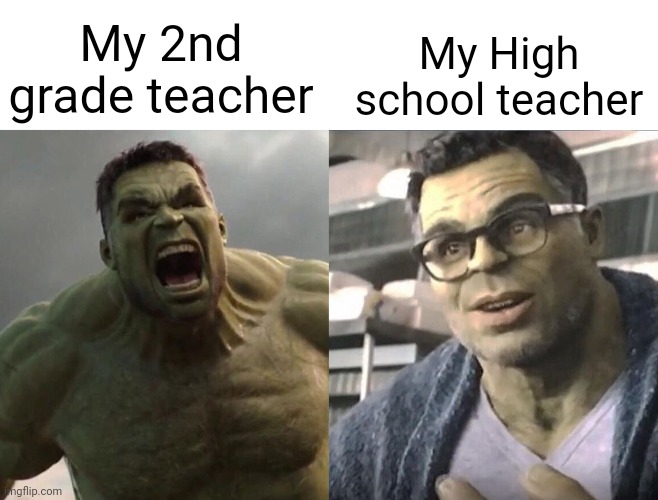 Elementary school teachers were scary | My 2nd grade teacher; My High school teacher | image tagged in angry hulk vs civil hulk | made w/ Imgflip meme maker