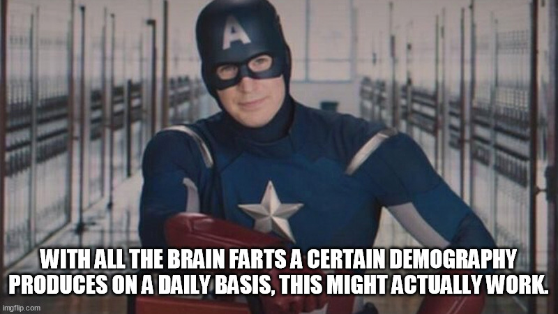 captain america so you | WITH ALL THE BRAIN FARTS A CERTAIN DEMOGRAPHY PRODUCES ON A DAILY BASIS, THIS MIGHT ACTUALLY WORK. | image tagged in captain america so you | made w/ Imgflip meme maker