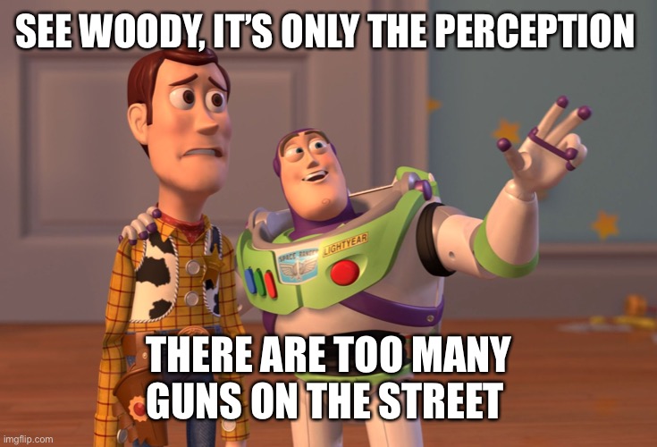 X, X Everywhere Meme | SEE WOODY, IT’S ONLY THE PERCEPTION THERE ARE TOO MANY GUNS ON THE STREET | image tagged in memes,x x everywhere | made w/ Imgflip meme maker