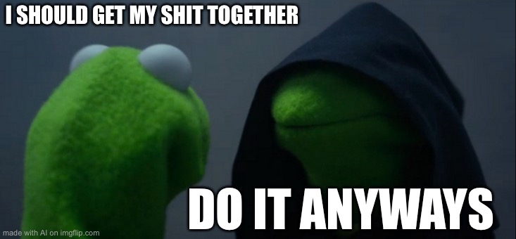 Evil Kermit | I SHOULD GET MY SHIT TOGETHER; DO IT ANYWAYS | image tagged in memes,evil kermit | made w/ Imgflip meme maker